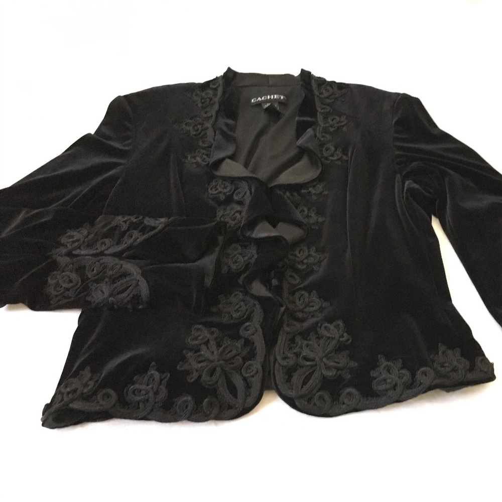 CACHET Black Velvet Ruffled Jacket Top Formal Evening Size 10